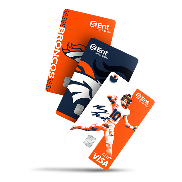 Image of stacked Broncos debit card offerings from Ent Credit Union. Bottom card is orange with Broncos logo, middle card is blue with Broncos logo, and top card features image of Denver Broncos quarterback Bo Nix.