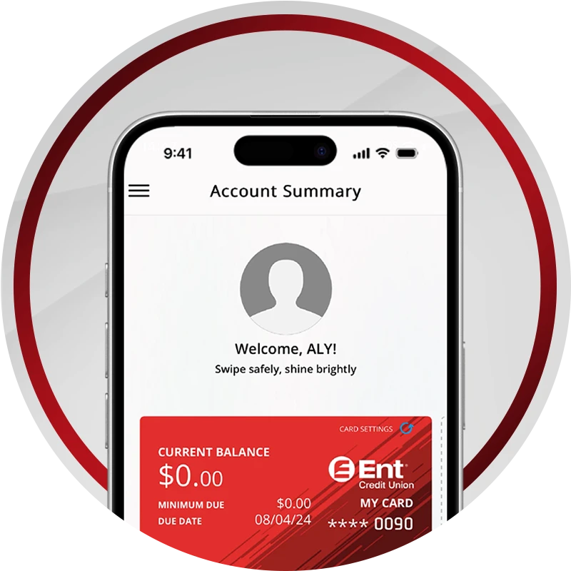 Image of an iPhone showing the Account Summary page of the Ent Credit Union Credit Cards app