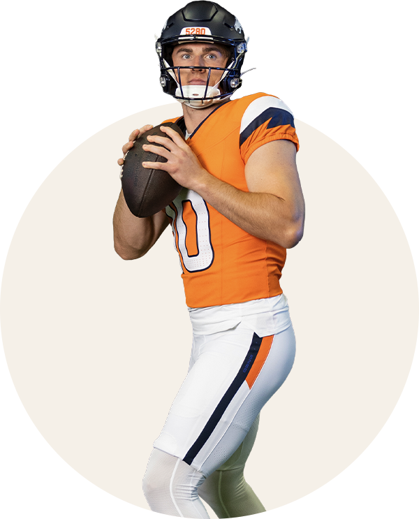 Image of Denver Broncos quarterback, Bo Nix about to throw a football