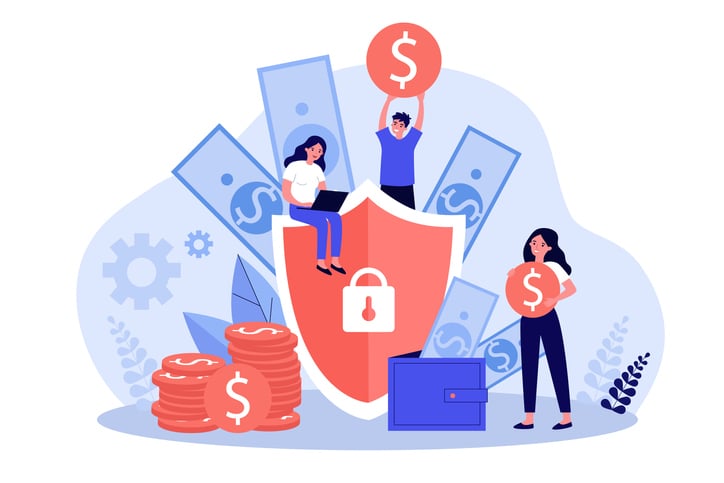 Illustrated image with iconography. A woman sitting on top of a shield with a security lock. A man and a woman holding up icons with dollar signs in the middle. Illustrated dollar bills, coins and a wallet.
