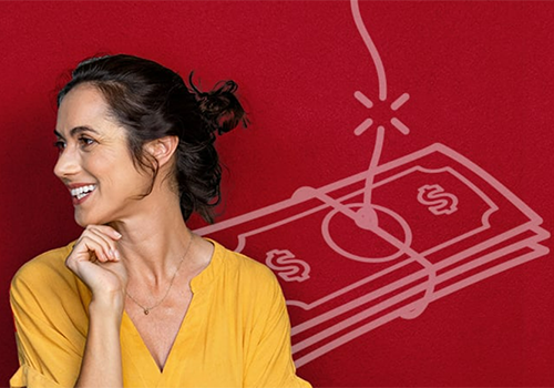 Woman smiles with a red graphic background