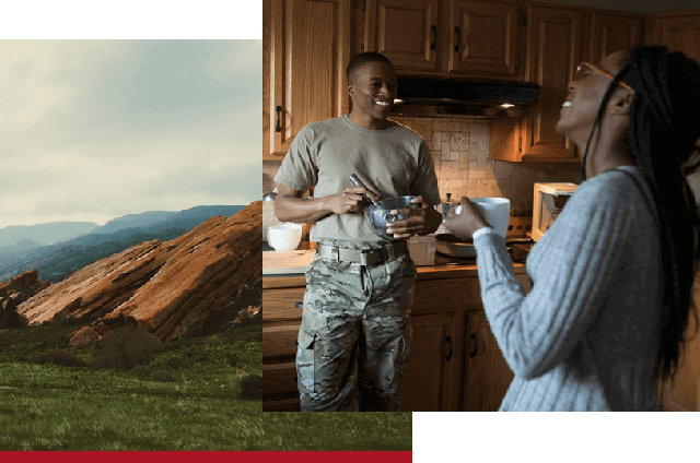 Stacked image: Bottom Image: Landscape photo of mountain range. Top image: Man in military uniform laughing with his wife in the kitchen while drinking coffee.